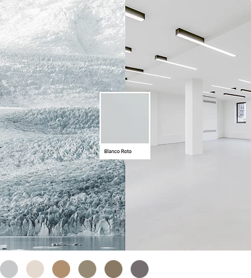 Разделено изображение: ледник вляво, минималистичен бял интериор от Интериорен дизайн Studio28a вдясно, мостра на цвят Blanco Roto.