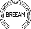 Логото на BREEAM с надпис "Code for a sustainable built environment" и Интериорен дизайн Studio28a около "BREEAM" в центъра.