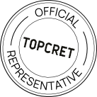 Кръгъл печат с надписи "OFFICIAL REPRESENTATIVE", "TOPCRET" и Интериорен дизайн Studio28a в удебелен текст в центъра.