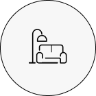 Проста линейна рисунка на диван и подова лампа, Studio28a интериорен дизайн, в кръгла рамка върху бяло.