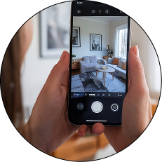 Човек прави снимка на всекидневна, показвайки Интериорен дизайн Studio28a на екрана на телефона.